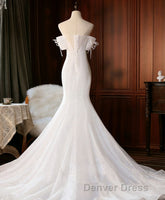 White Sequin Mermaid Long Prom Dresses, White Wedding Dresses